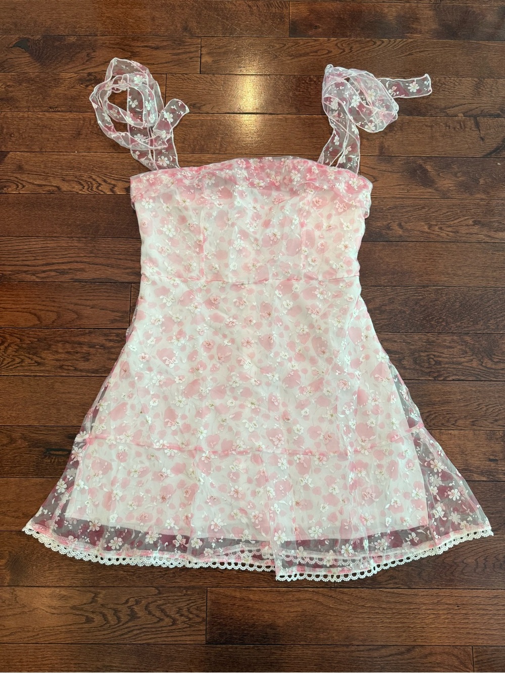 SHEIN Pink Floral Lace Mini Dress with Tie Straps